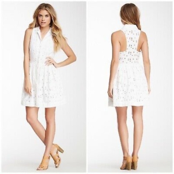 Anthropologie Dresses & Skirts - Anthropologie RAGA Sleeveless Eyelet Button Up Mini Dress Sz M White Euro Summer
